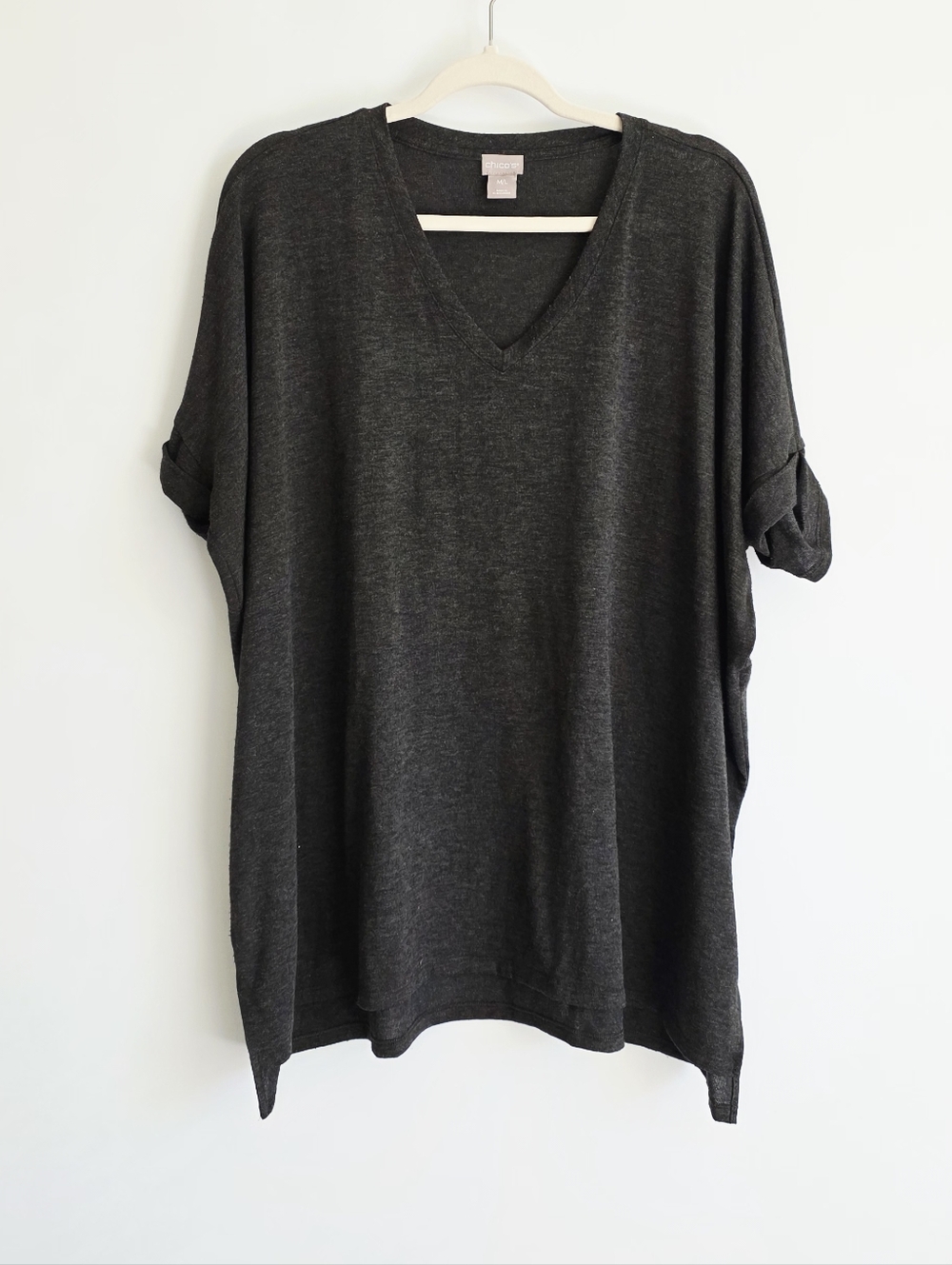 Chico's Charcoal V-Neck Boxy Short Sleeves Relaxed Tunic T-Shirt Blouse Size M/L